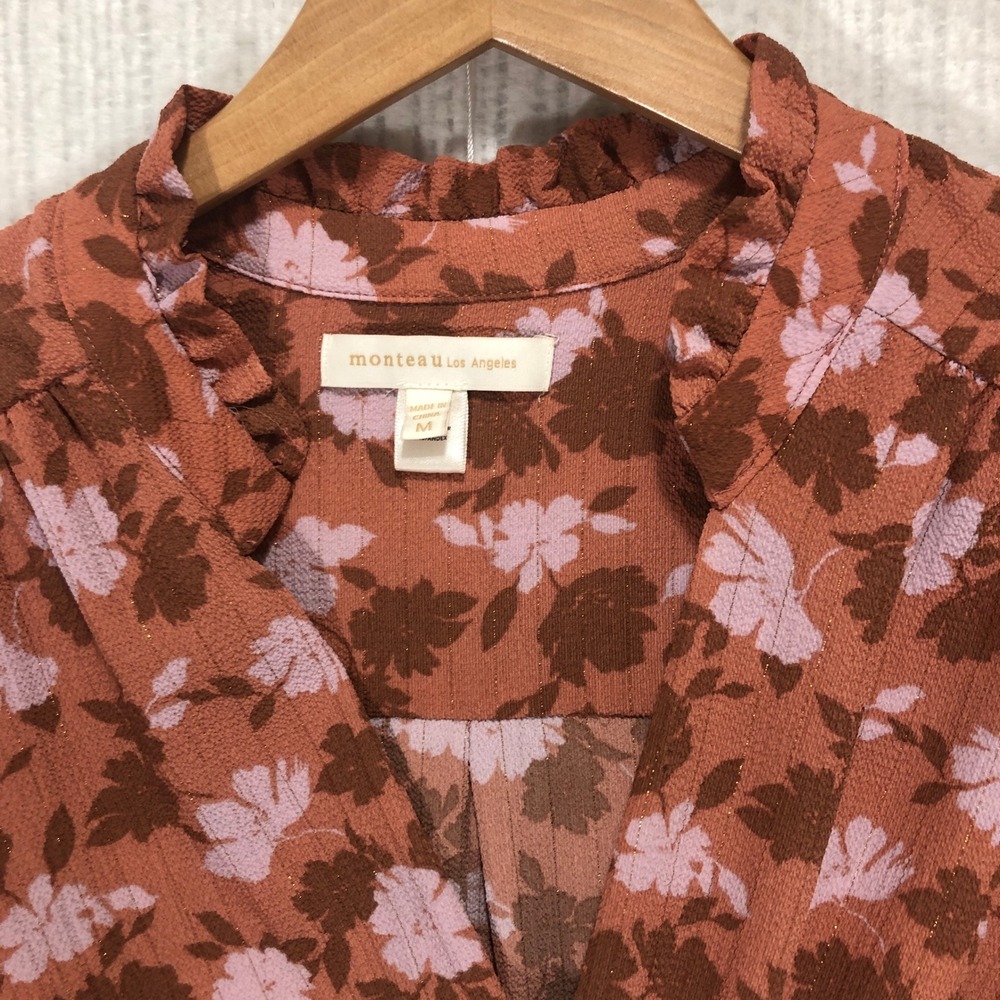 Monteau Los Angeles Floral Print Blouse Smocked Waist Ruffle Trim Copper - Picture 4 of 9